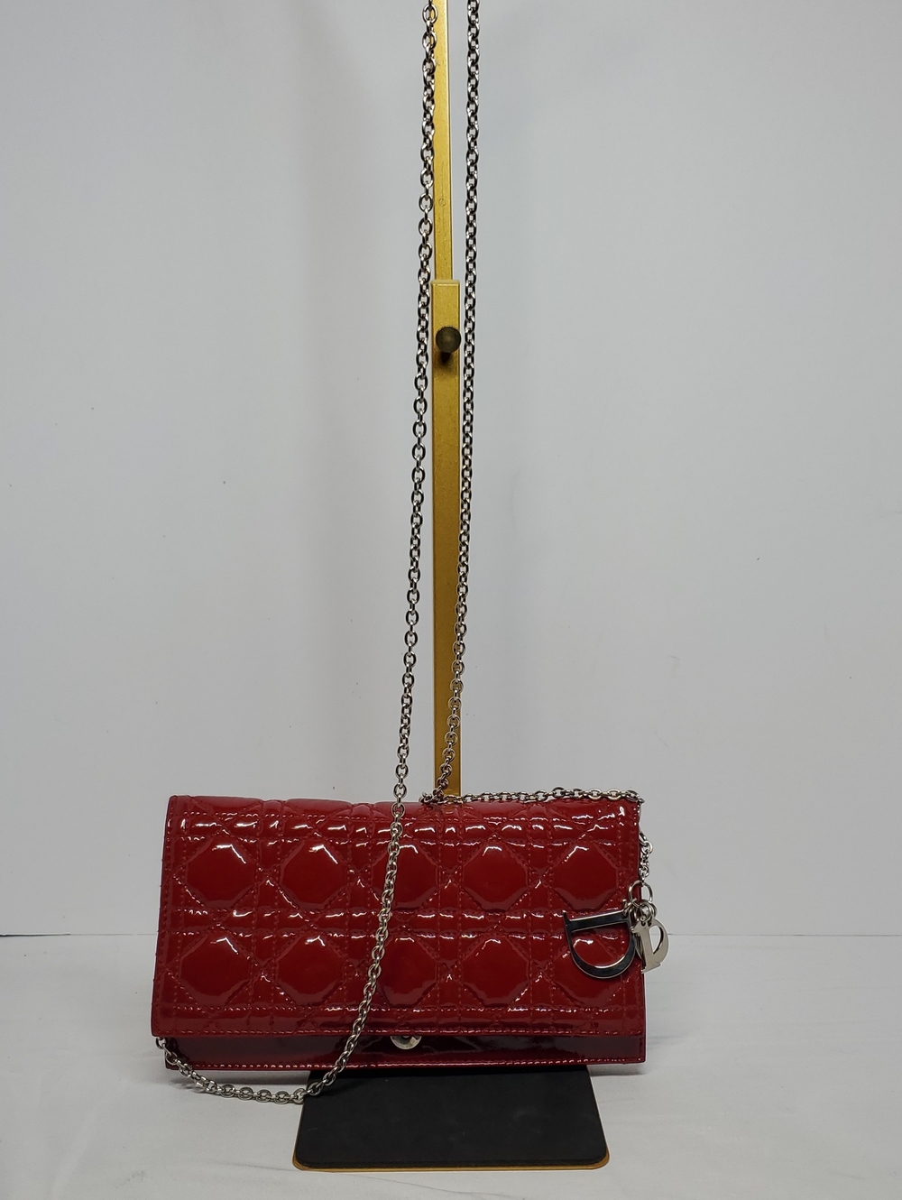 Authentic Christian Dior Red Quilted Patent Cannage Chain-Strap Crossbody Bag